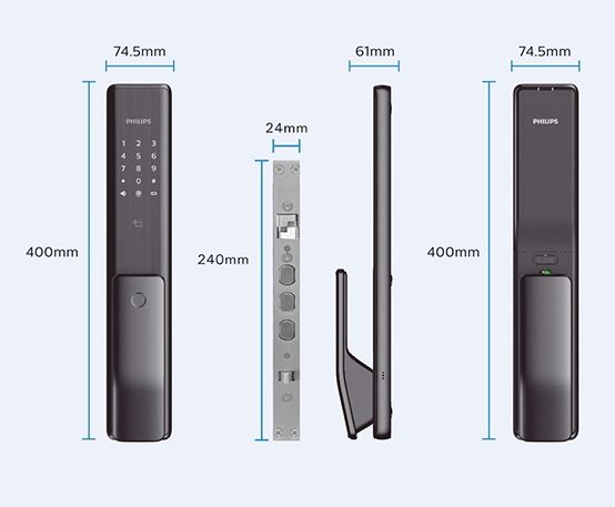 alpha-philips-kich-thuoc Khóa cửa thông minh Philips 7300 Khóa cửa vân tay cao cấp Alpha Philips - Alpha 5